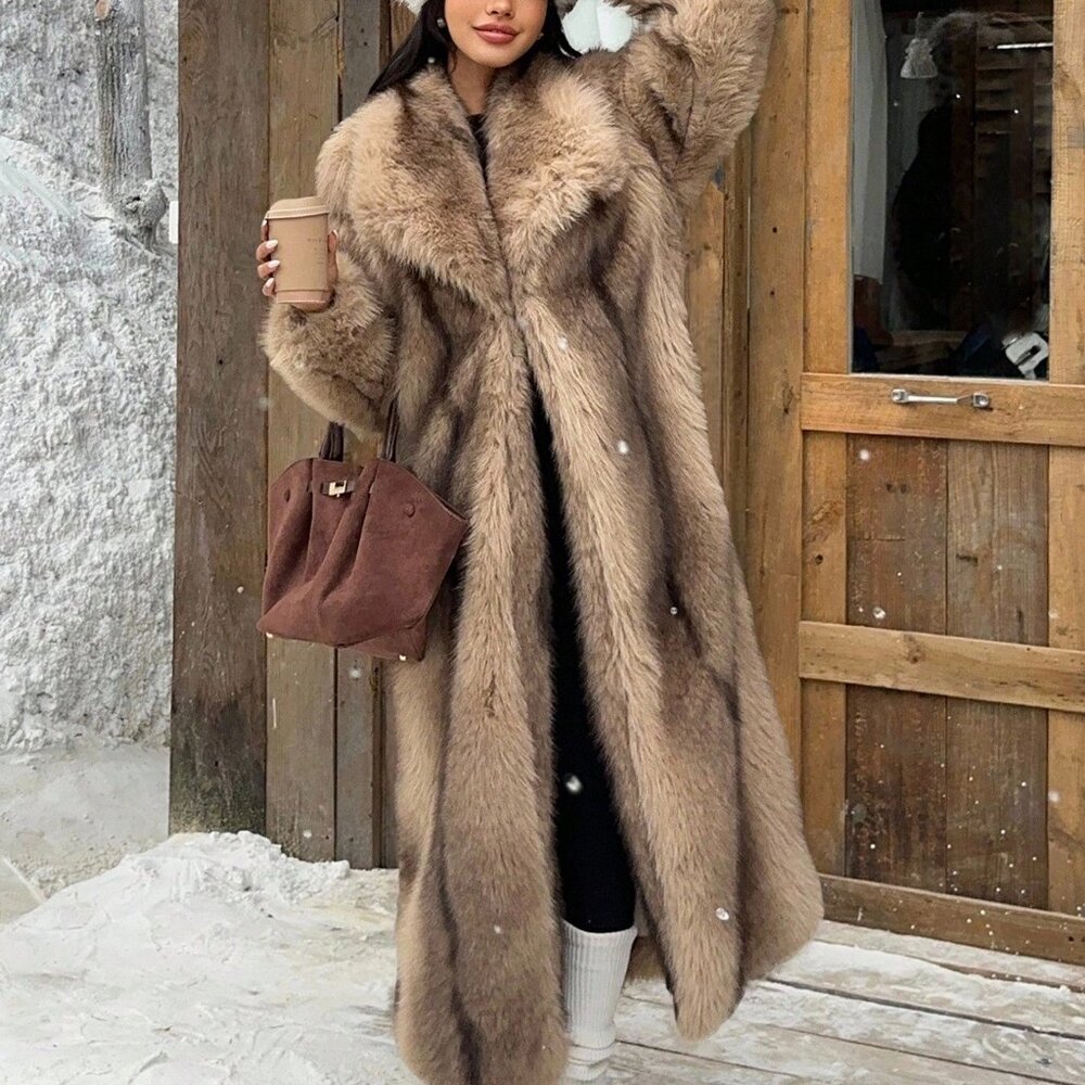 Luxury Collection Brown Streetwear style faux fur coat full length Long Jacket - Picture 1 of 8